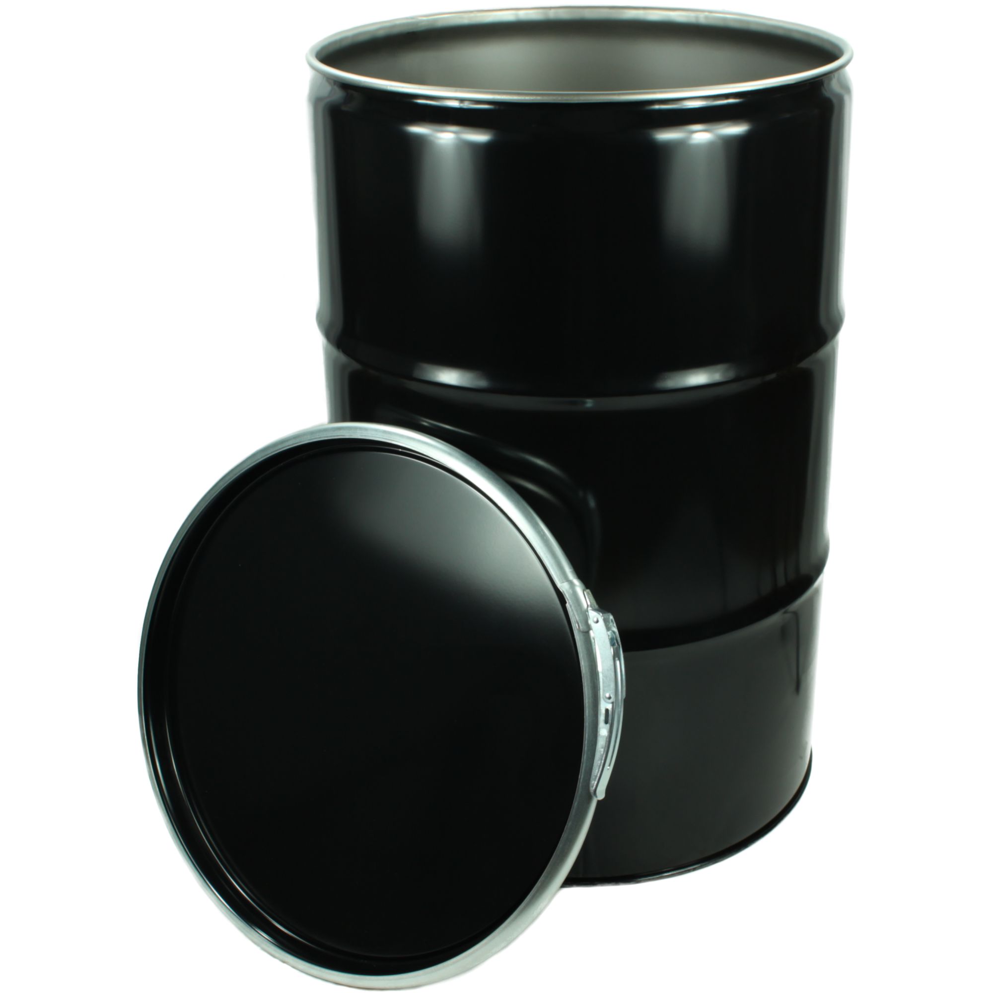 Stahl-Deckelfass 210 L, containergerecht, blank/schwarz, UN-X